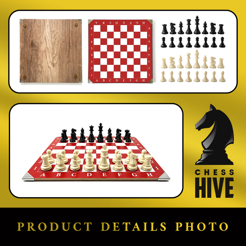RED CLASSIC PROFESSIONAL WOOD CHESS BOARD 40X40CM + 32 PIECES INCLUDED (16 WHITE & 16 BLACK) + CHESS TIMER FREE SOFTWARE INCLUDED QR CODE (RED VERSION)