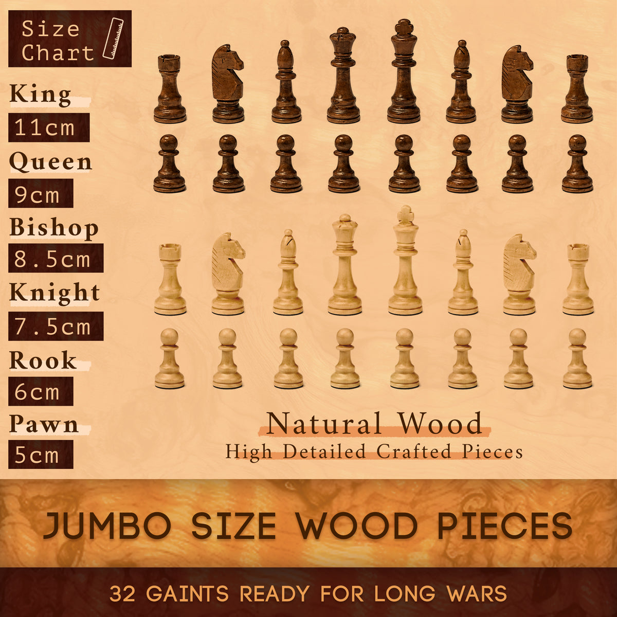 Wooden Chess Parts Jumbo Size 32 Pieces | King 11 Cm
